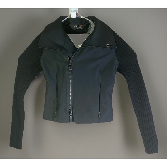 RLX Ralph Lauren Moto Zip Up Nylon Jacket Ladies Small Wool Cashmere Knit Sleeve - Picture 1 of 16